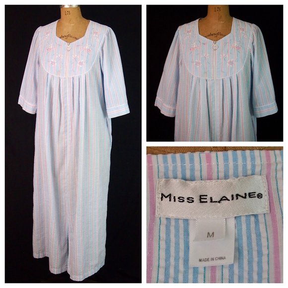 MISS ELAINE Seersucker Zip Front House Dress Robe - Picture 1 of 7